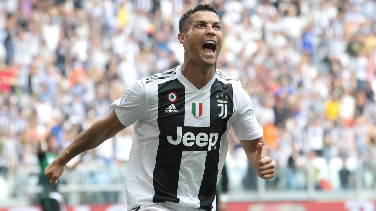 Cristiano Ronaldo of Juventus FC celebrates after scoring the opening goal during the serie A match in 2018. (Source: Emilio Andreoli/Getty Images)