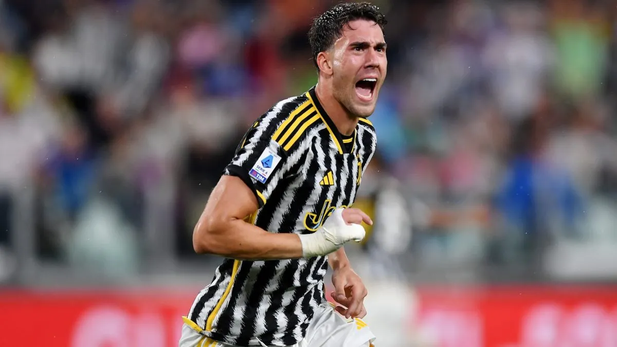 Dusan Vlahovic of Juventus celebrates after scoring their sides first goal during the Serie A TIM match in 2023. (Source: Valerio Pennicino/Getty Images)