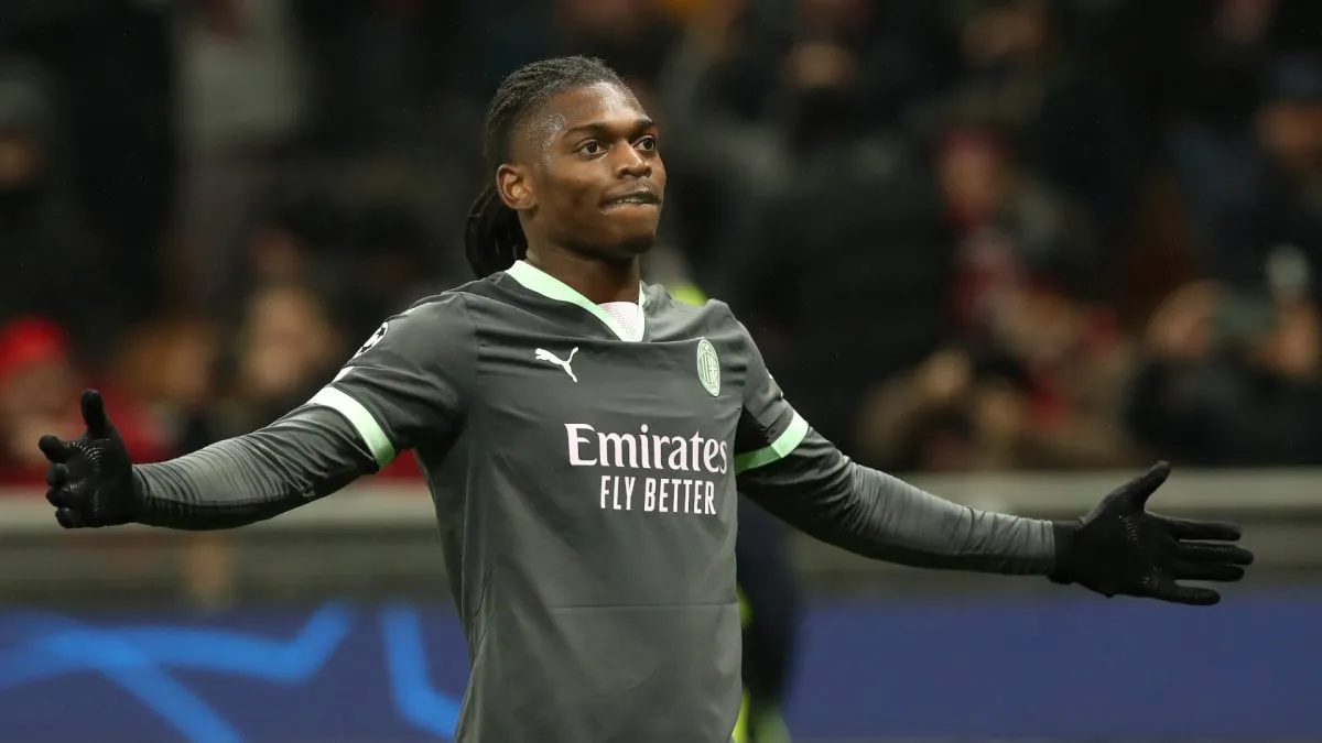 Rafael Leao of AC Milan celebrates scoring his team’s first goal during the UEFA Champions League 2024/25 League Phase MD7 match. (Source: Marco Luzzani/Getty Images)