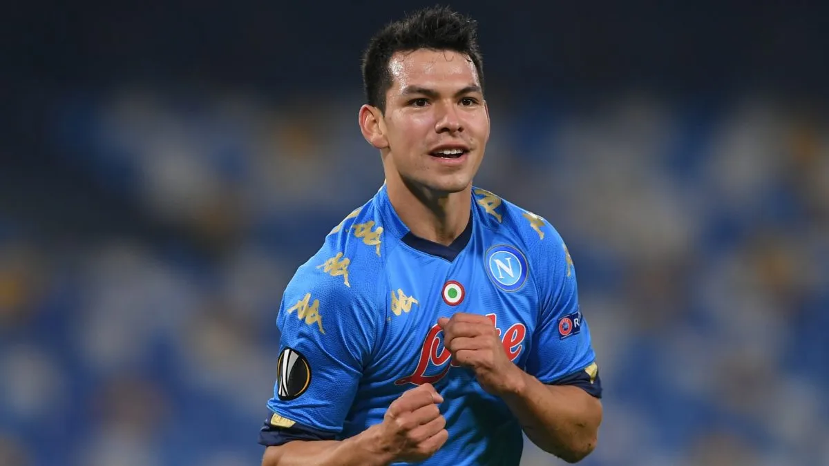 Hirving Lozano of SSC Napoli celebrates after scoring their sides second goal during the UEFA Europa League Group F stage match in 2020. (Source: Francesco Pecoraro/Getty Images)