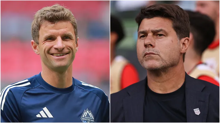 Thomas Müller (L) #13 of the Vancouver Whitecaps FC and head coach of United States Mauricio Pochettino (R).