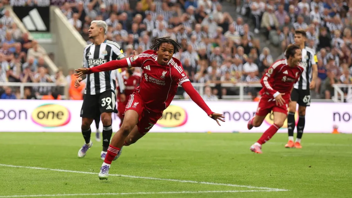Rio Ngumoha of Liverpool celebrates scoring his team's third goal during the Premier League match between Newcastle United and Liverpool at St James' Park on August 25, 2025 in Newcastle upon Tyne, England.