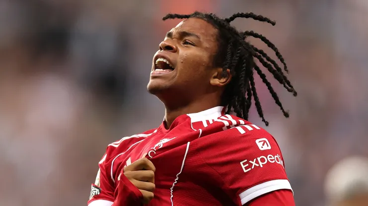 Rio Ngumoha of Liverpool celebrates scoring his team's third goal during the Premier League match between Newcastle United and Liverpool at St James' Park on August 25, 2025 in Newcastle upon Tyne, England.