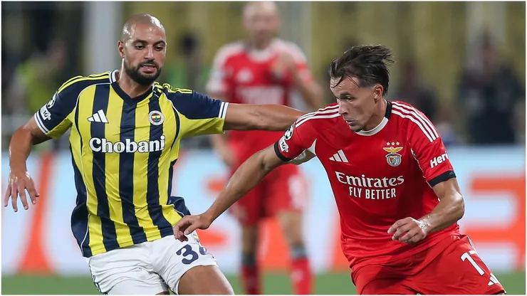 Amar Dedic of Benfica is challenged by Sofyan Amrabat of Fenerbahce