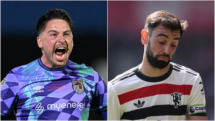 Christy Pym of Grimsby Town and Bruno Fernandes of Manchester United.