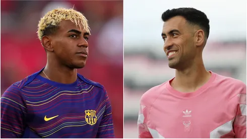 Lamine Yamal (L) of FC Barcelona and Sergio Busquets #5 of Inter Miami CF.