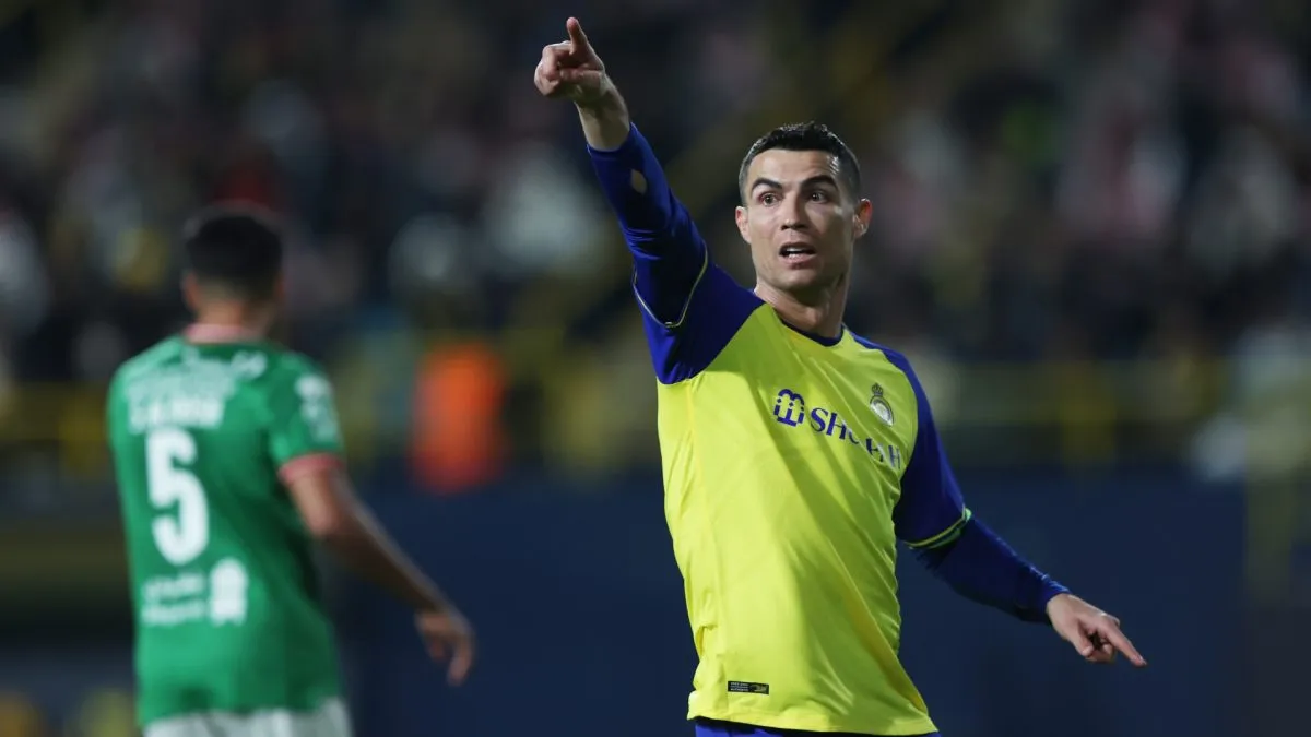 Cristiano Ronaldo of Al Nassr reacts during the Saudi Pro League match between Al Nassr and Al-Ittifaq Club at Mrsool Park Stadium on January 22, 2023 in Riyadh, Saudi Arabia.