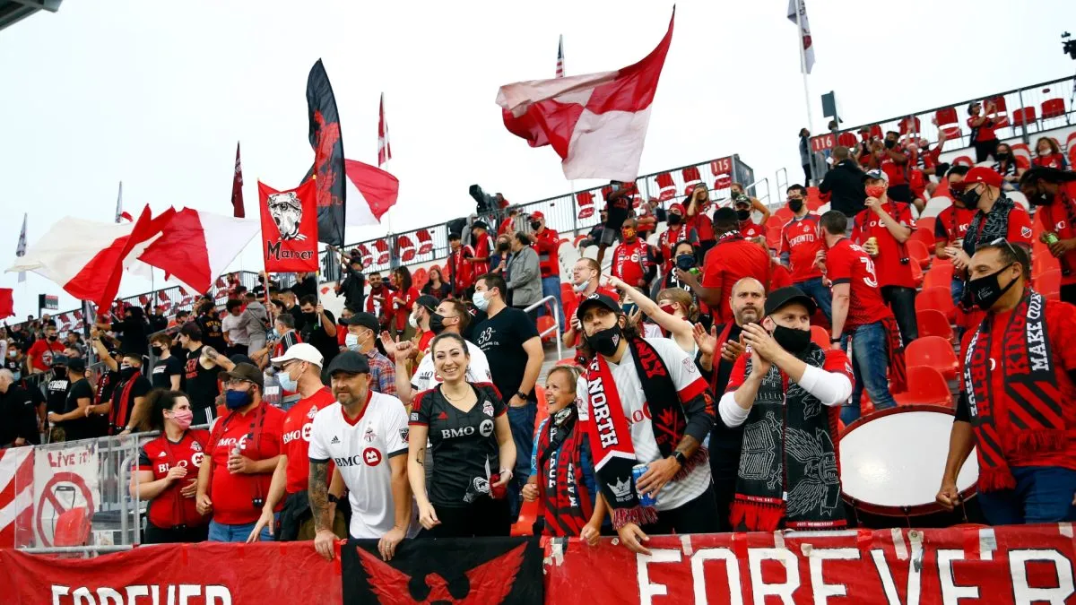 Fans look on prior to the first half of an MLS game between Toronto FC and Orlando City SC in 2021. (Source: Vaughn Ridley/Getty Images)