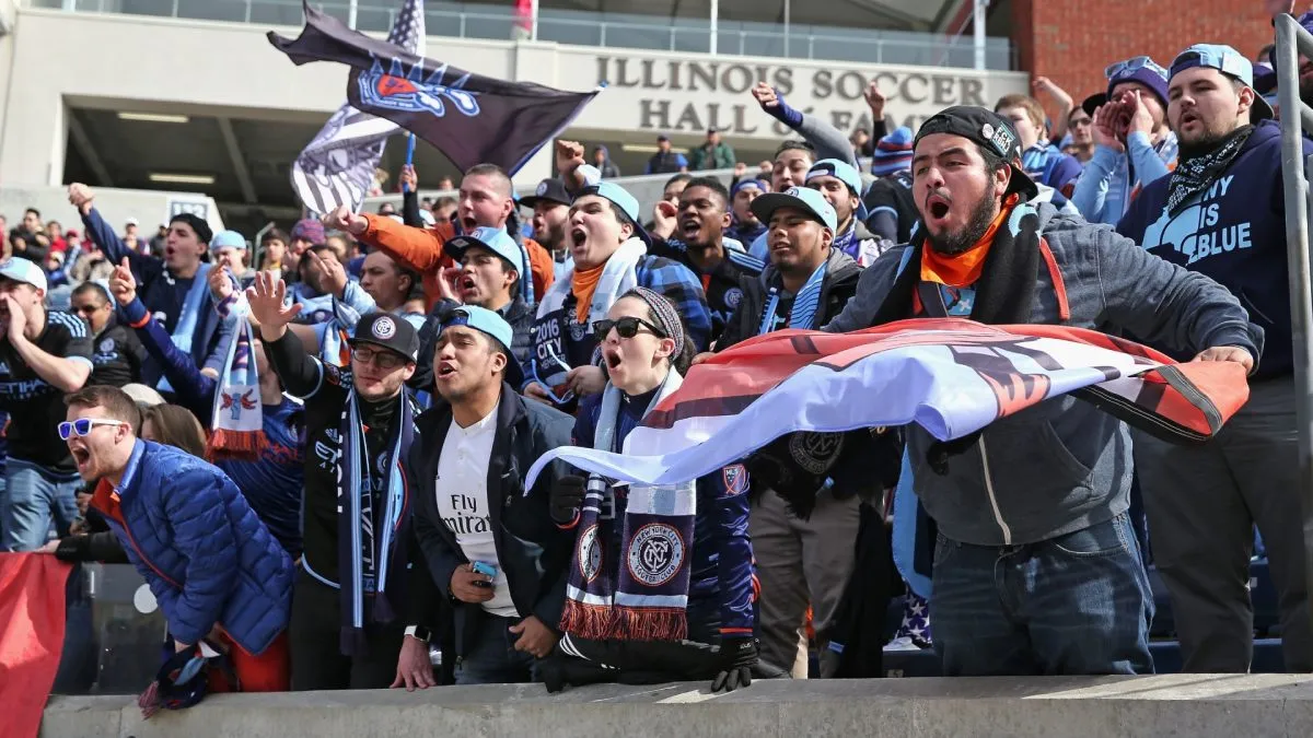 Fans of the New York City FC cheer on their team against the Chicago Fire in 2016. (Source: Jonathan Daniel/Getty Images)