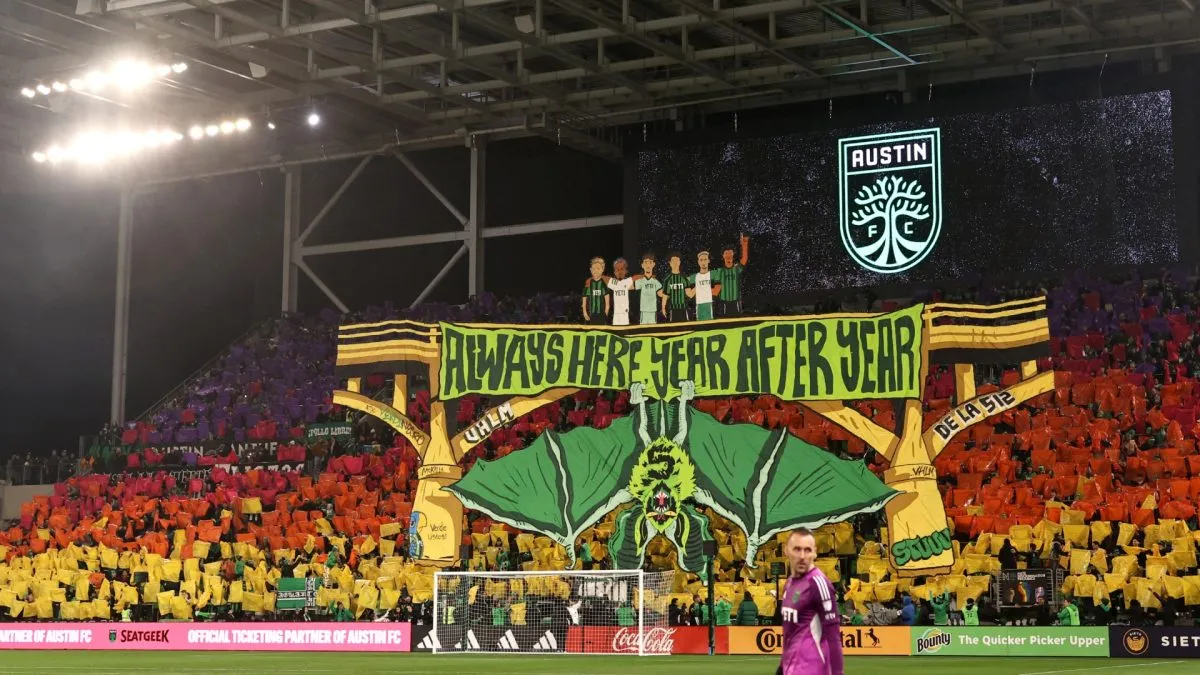Austin FC fans display a tifo before an MLS match between Austin FC and Sporting Kansas City in 2025. (Source: Omar Vega/Getty Images)