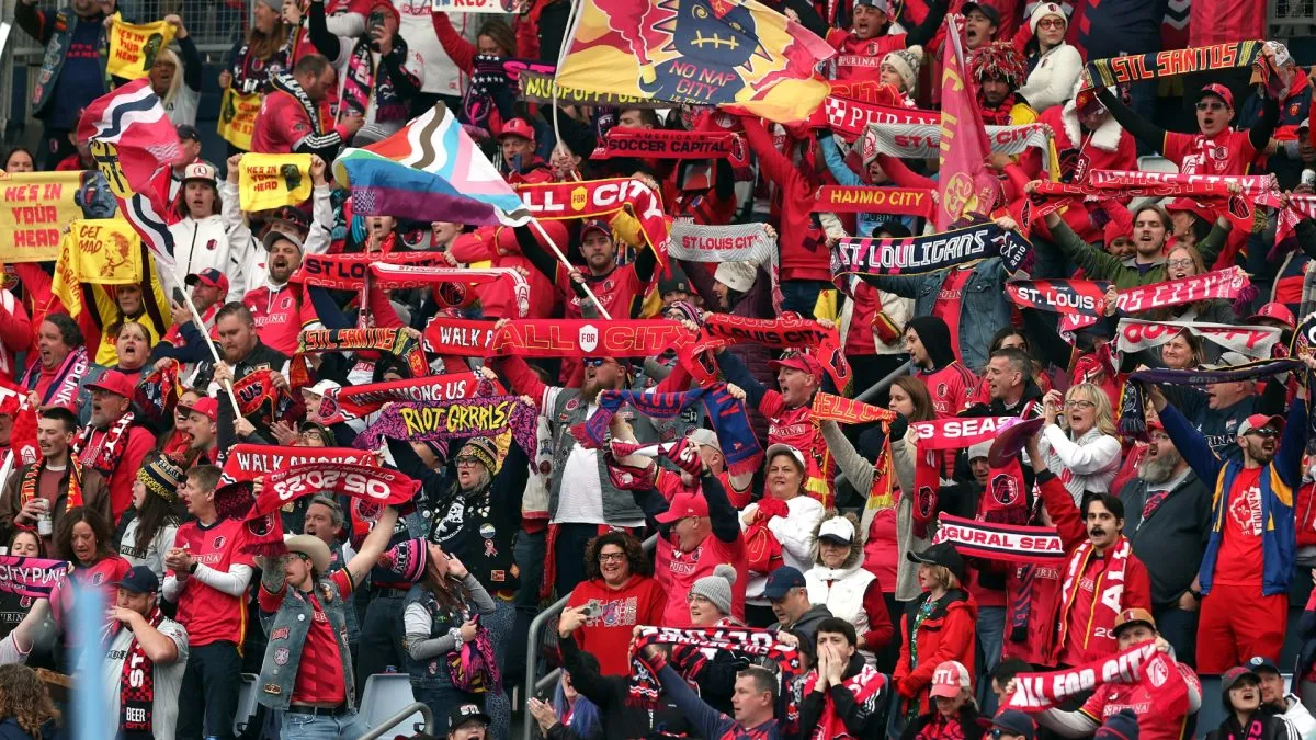 St. Louis City fans cheer during the match against Sporting Kansas City in 2024. (Source: Jamie Squire/Getty Images)