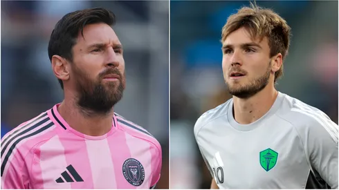 Lionel Messi (L) #10 of Inter Miami CF and Pedro De La Vega (R) #10 of Seattle Sounders.