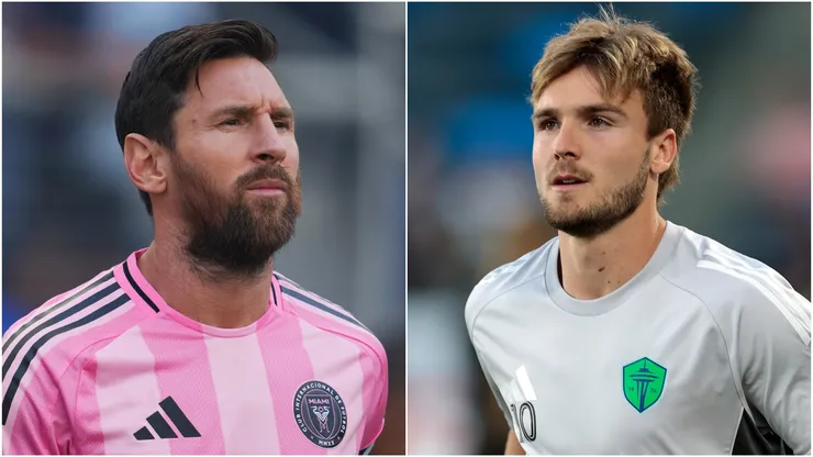 Lionel Messi (L) #10 of Inter Miami CF and Pedro De La Vega (R) #10 of Seattle Sounders.
