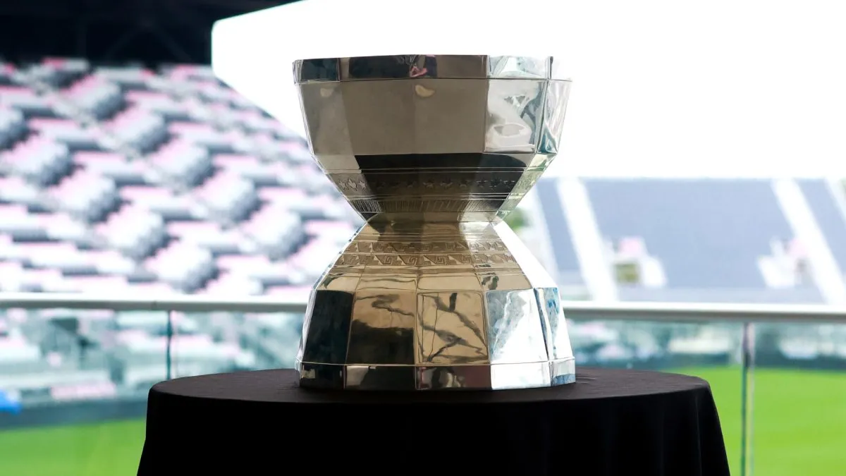 A detailed view of the Leagues Cup trophy is seen after an Inter Miami training session at Florida Blue Training Center on August 21, 2023 in Fort Lauderdale, Florida.
