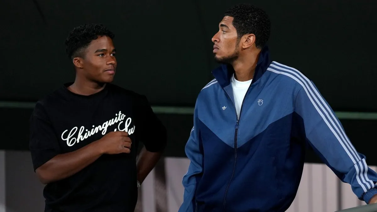 Endrick and Jude Bellingham of Real Madrid attend the LaLiga EA Sports match between Real Madrid CF and RCD Mallorca at Estadio Santiago Bernabeu on August 30, 2025 in Madrid, Spain.