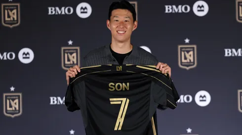 Son Hueng-Min of Los Angeles Football Club poses with his jersey after he was introduced during a news conference at BMO Stadium on August 6, 2025 in Los Angeles, California.