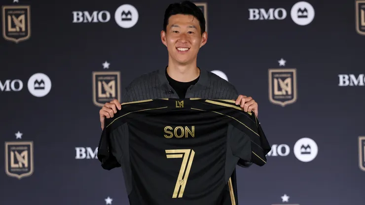 Son Hueng-Min of Los Angeles Football Club poses with his jersey after he was introduced during a news conference at BMO Stadium on August 6, 2025 in Los Angeles, California.