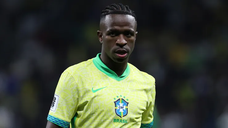 Vinicius Junior of Brazil looks on during the FIFA World Cup 2026 South American Qualifier between Brazil and Paraguay at Neo Quimica Arena on June 10, 2025 in Sao Paulo, Brazil.