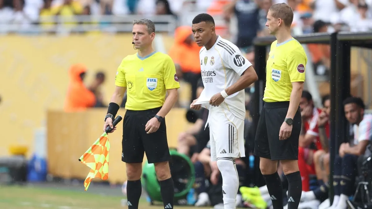 Kylian Mbappe #9 of Real Madrid C.F. waits to enter the pitch during the FIFA Club World Cup 2025 round of 16 match between Real Madrid CF and Juventus FC at Hard Rock Stadium on July 01, 2025 in Miami Gardens, Florida.