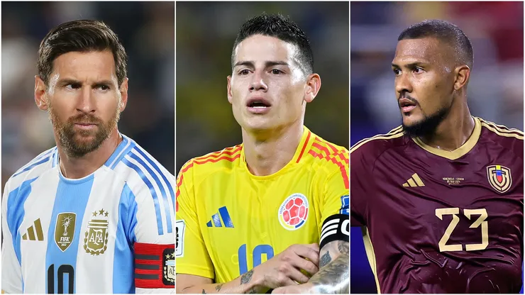 Lionel Messi (L) of Argentina, James Rodriguez (M) of Colombia, and Salomon Rondon (R) of Venezuela.