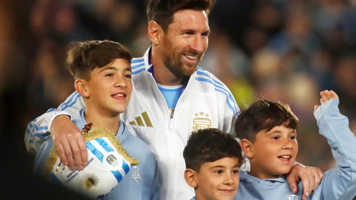 Lionel Messi and his children, Thiago, Mateo and Ciro look on prior to the South American FIFA World Cup 2026 Qualifier match between Argentina and Venezuela.