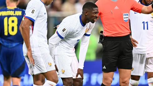 Ousmane Dembele of France goes down with an injury during the FIFA World Cup 2026 qualifier match between Ukraine and France.