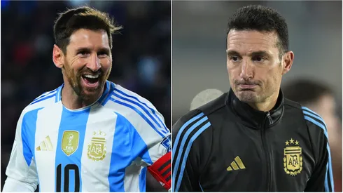Lionel Messi (L) and Lionel Scaloni (R) of Argentina.