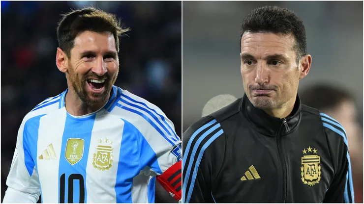 Lionel Messi (L) and Lionel Scaloni (R) of Argentina.