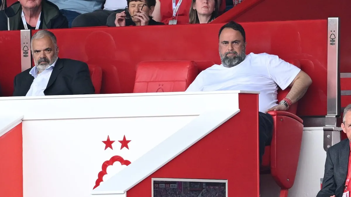 Evangelos Marinakis, Owner of Nottingham Forest, looks on from the stand during the Premier League match between Nottingham Forest FC and Everton FC at City Ground on April 12, 2025 in Nottingham, England.