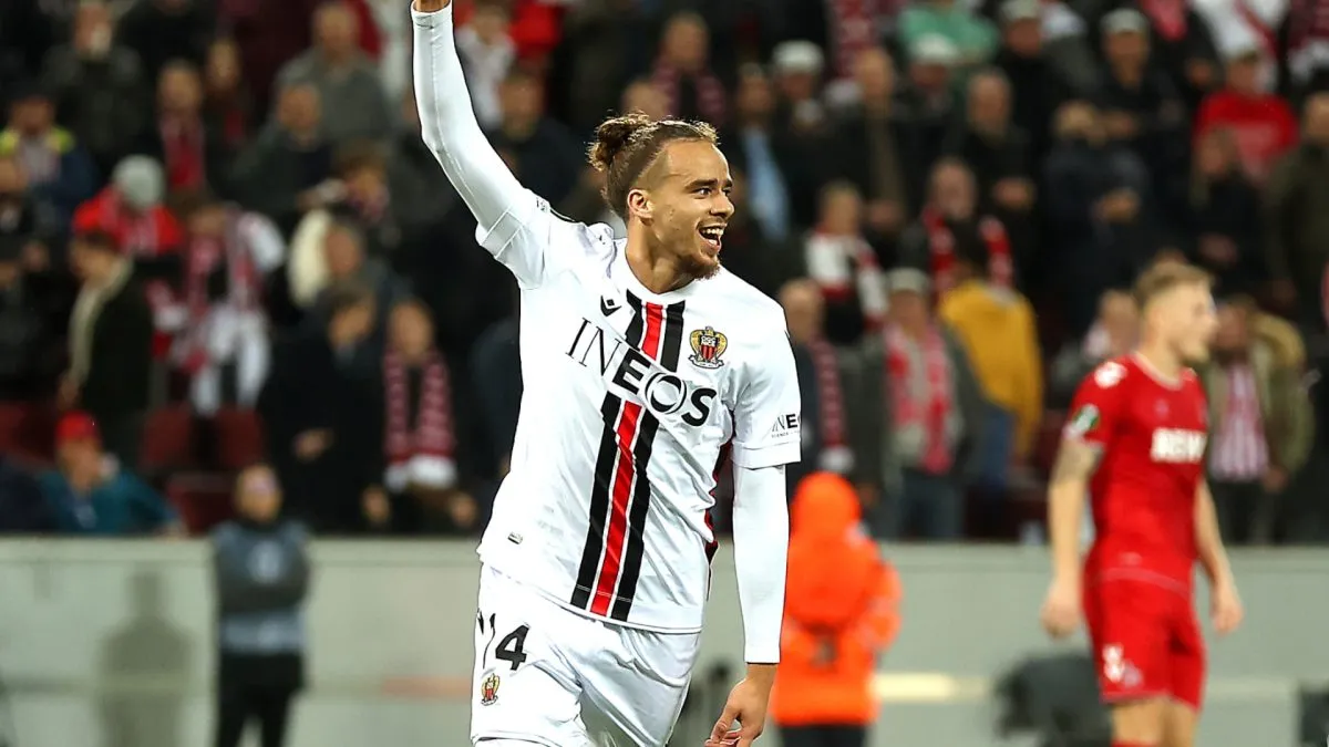Billal Brahimi of OGC Nice celebrates scoring their side's second goal during the UEFA Europa Conference League group E match between 1. FC Köln and OGC Nice at RheinEnergieStadion on November 03, 2022 in Cologne, Germany.