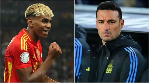 Lamine Yamal (L) of Spain and head coach Lionel Scaloni (R) of Argentina.