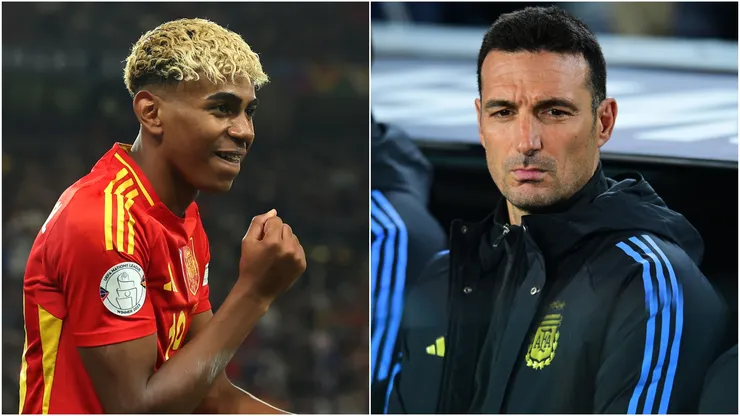 Lamine Yamal (L) of Spain and head coach Lionel Scaloni (R) of Argentina.
