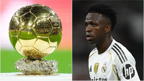 The Ballon d'Or trophy and Real Madrid winger Vinicius.