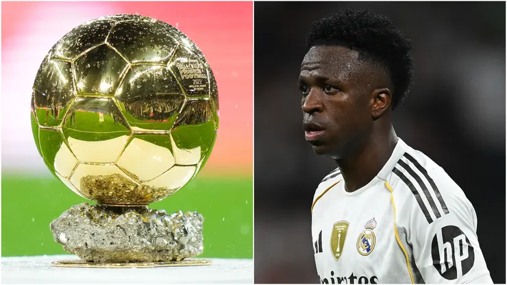 The Ballon d'Or trophy and Real Madrid winger Vinicius.