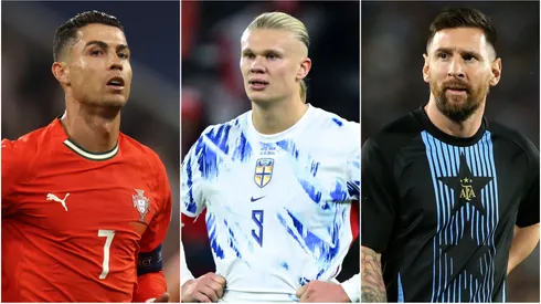 Cristiano Ronaldo (L) of Portugal, Erlling Haaland (M) of Norway, and Lionel Messi (R) pf Argentina.