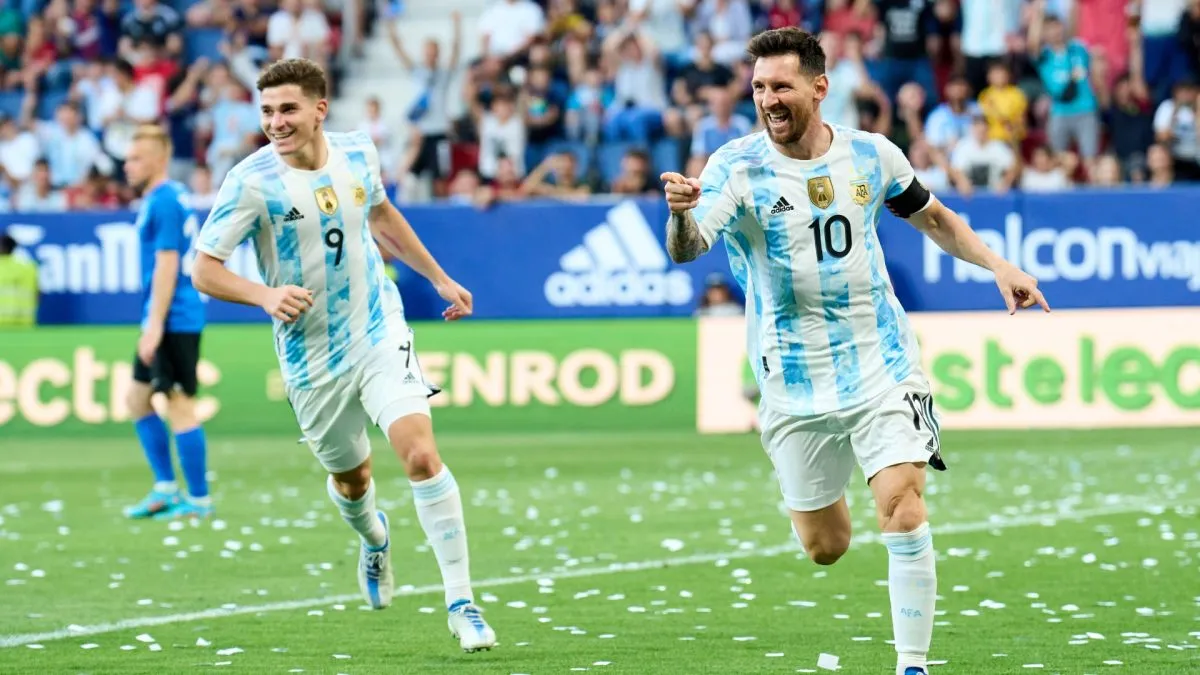Lionel Messi of Argentina celebrates after scoring his team's third goal during the international friendly match between Argentina and Estonia at Estadio El Sadar on June 05, 2022 in Pamplona, Spain.