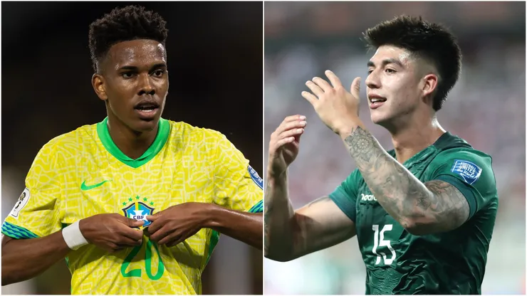 Estevao Willian (L) of Brazil and Gabriel Villamil (R) of Bolivia.