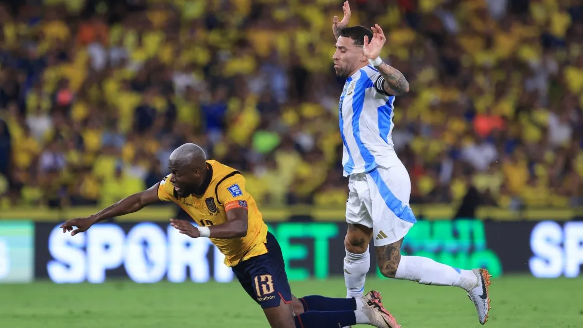 Nicolas Otamendi of Argentina fouls Enner Valencia of Ecuador during the South American FIFA World Cup 2026 Qualifier match between Ecuador and Argentina.