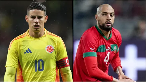 Sofyan Amrabat of Morocco and James Rodriguez of Colombia.