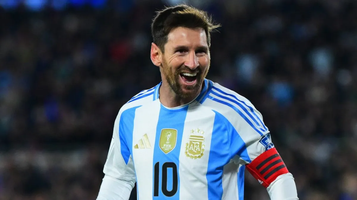 Lionel Messi of Argentina celebrates after scoring the team's third goal during the South American FIFA World Cup 2026 Qualifier match between Argentina and Venezuela.