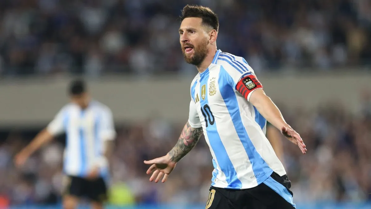 Lionel Messi of Argentina celebrates after scoring the team's fifth goal during the FIFA World Cup 2026 South American Qualifier match between Argentina and Bolivia.
