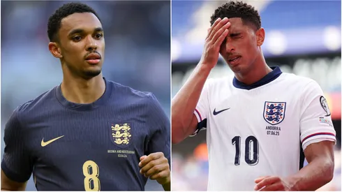 Trent Alexander-Arnold and Jude Bellingham playing for England.