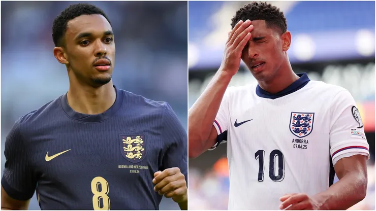 Trent Alexander-Arnold and Jude Bellingham playing for England.