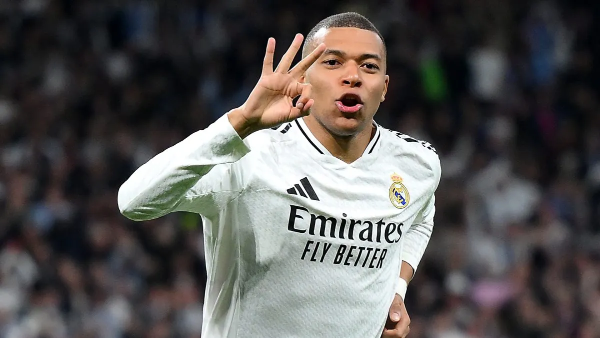 Kylian Mbappe of Real Madrid celebrates scoring his team’s third goal and his hat trick in 2025. (Source: David Ramos/Getty Images)