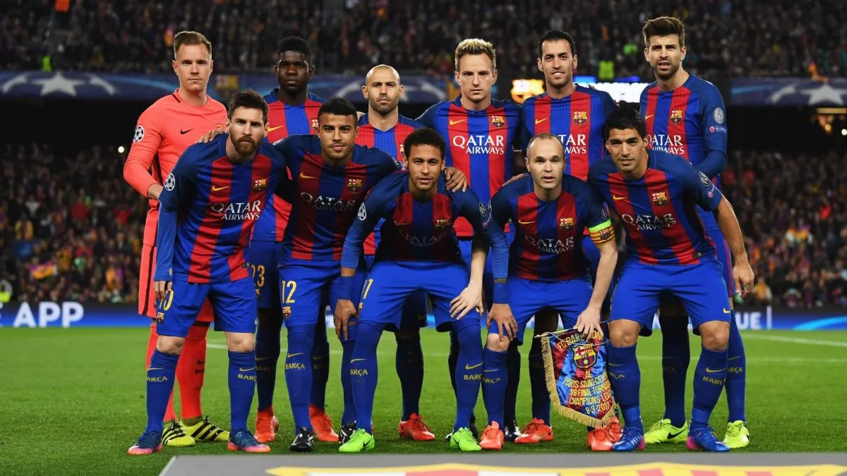The Barcelona team line up prior to the UEFA Champions League Round of 16 second leg match in 2017. (Source: Laurence Griffiths/Getty Images)