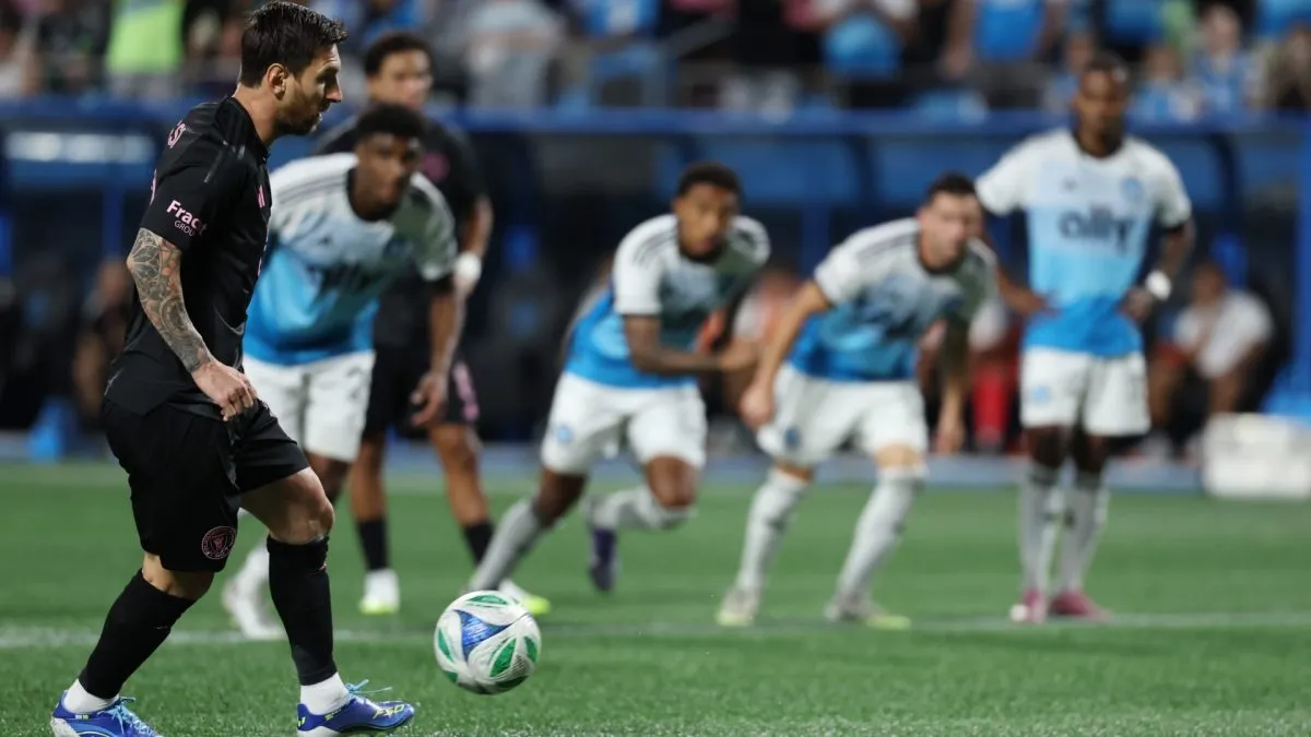 Lionel Messi takes a penalty kick and misses during the MLS match between Charlotte FC and Inter Miami.