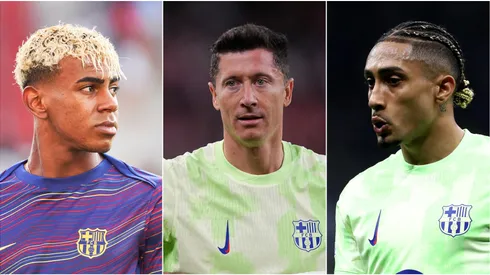 Lamine Yamal (L), Robert Lewandowski (M), and Raphinha (R) of FC Barcelona.