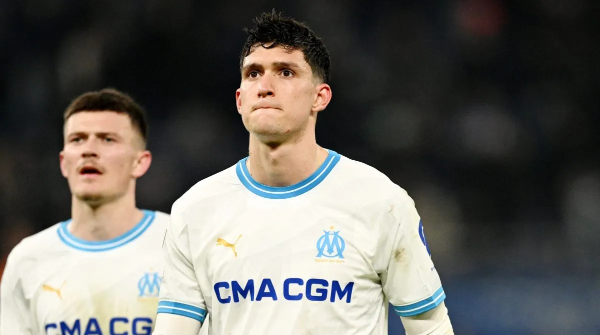 Leonardo Balerdi of Marseille looks dejected following the UEFA Europa League 2023/24 Knockout Round Play-offs First Leg match between FC Shakhtar Donetsk and Olympique de Marseille.