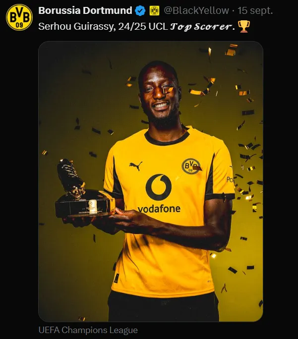 Serhou Guirassy with the 2024-25 UEFA Champions League golden boot.