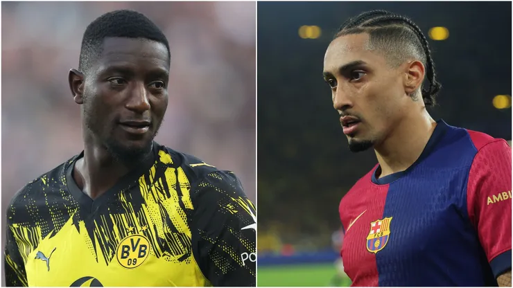 Serhou Guirassy (L) of Borussia Dortmund and Raphinha (R) of FC Barcelona.
